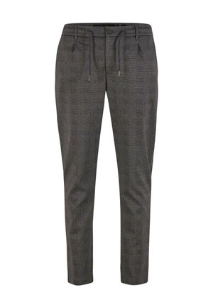 Pantalons à carreaux gris foncé avec des jambes fuselées, cordon de serrage et taille avec boutons, dotés de poches avant et d'une texture lisse.