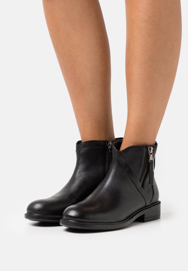 Bottines en cuir noir avec fermetures éclair sur le côté, portées sur des jambes nues contre un fond clair uni.