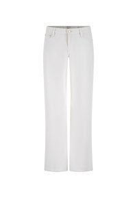 White straight-leg jeans made of denim, featuring a front button closure, two side pockets, and subtle stitching details.