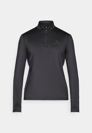 Pullover nero a maniche lunghe con colletto a mezza zip. Realizzato in tessuto leggero e liscio. Presenta un logo discreto sul petto in alto a sinistra.