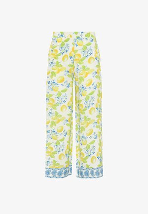 Pantalon blanc à jambes larges avec imprimé citron jaune et feuilles vertes, accents floraux bleus et bordure paisley bleue aux ourlets.