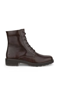 Dunkelbrauner Lederknöchelstiefel mit Schnürung vorne, abgerundeter Spitze und schwarzer Gummisohle mit Profil für besseren Halt, im Seitenprofil dargestellt.