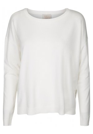 Hvid, let strikket sweater med rund halsudskæring, drop shoulders og ribbet kant. Har lange ærmer og en afslappet pasform.
