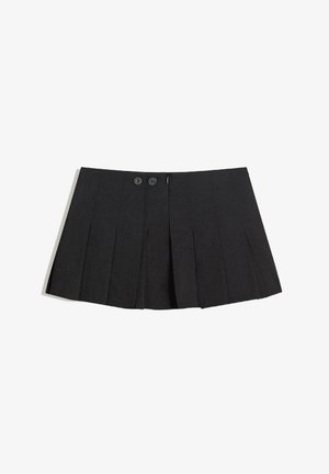 Black pleated skirt made of fabric, featuring two front buttons, a zip closure, and a straight hemline.