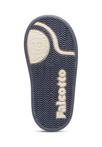 Podešev dětské obuvi v námořnické modré a béžové barvě s rybí kostí, značka "Falcotto" a číslo velikosti 19 na oblasti paty.