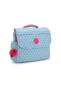 Blauer Stoff-Rucksack mit einem sich wiederholenden Muster aus Kettengliedern, pinken Akzenten, einem oberen Tragegriff und einem flauschigen Affen-Schlüsselanhänger. Mit einem Fach mit Reißverschluss.