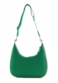 Grüne Leder-Umhängetasche mit gebogener Form, Reißverschluss oben und abnehmbarem Gurt. Glatte Textur und minimalistisches Design.
