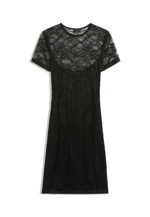 Robe courte noire en dentelle avec manches courtes, col rond et motif floral, longueur genou, haut du corps et manches semi-transparents.