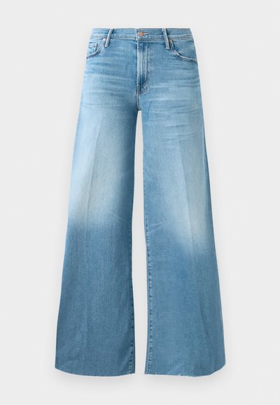 Light blue denim wide-leg jeans with high waist, front button, and five-pocket style.