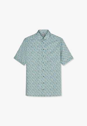 Camicia celeste a maniche corte con piccolo motivo floreale multicolore e colletto classico su sfondo bianco.