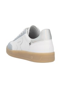 White sneaker with light blue suede accents, iridescent heel, and beige rubber sole; features a textured design with logo on the side.