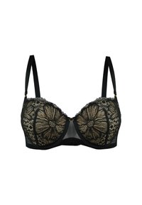 Czarny stanik koronkowy z kwiatowym wzorem, z wypełnionymi miseczkami, przezroczystym centrum z siateczki, regulowanymi ramiączkami oraz złotymi akcentami metalowymi.