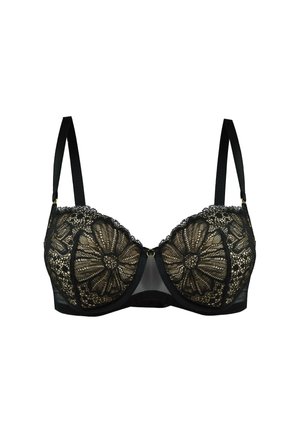 Czarny stanik koronkowy z kwiatowym wzorem, z wypełnionymi miseczkami, przezroczystym centrum z siateczki, regulowanymi ramiączkami oraz złotymi akcentami metalowymi.