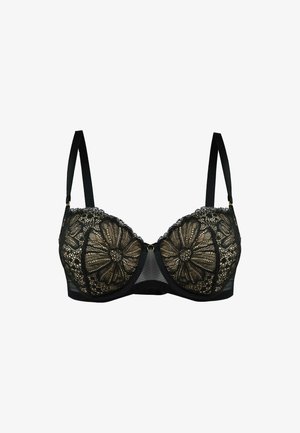 Czarny stanik koronkowy z kwiatowym wzorem, z wypełnionymi miseczkami, przezroczystym centrum z siateczki, regulowanymi ramiączkami oraz złotymi akcentami metalowymi.