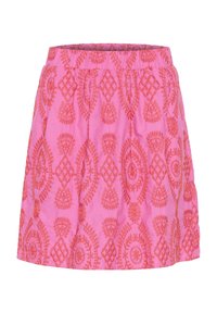 Rosa kjol med resårmidja, prydd med intrikata oranga broderier i blommiga och geometriska mönster över tyget.