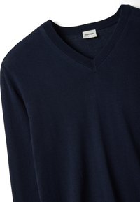 Navyblauwe trui met V-hals in een zachte gebreide stof, met geribbelde accenten langs de halslijn en mouwen. Eenvoudig, klassiek ontwerp.