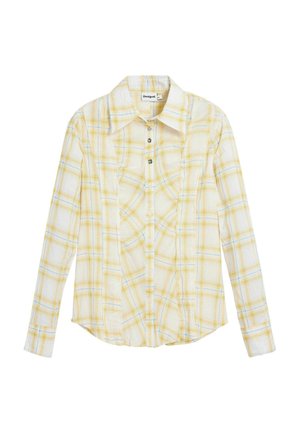 Camicia a maniche lunghe a quadri gialli con colletto abbottonato e cinque bottoni verdi, caratterizzata da un tessuto morbido e leggero e da un orlo stondato.