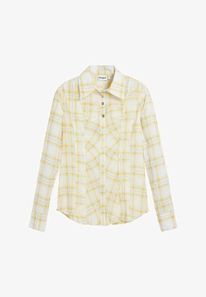 Geel geruit overhemd met lange mouwen, een button-down kraag en vijf groene knopen, gemaakt van een zachte, lichtgewicht stof met een afgeronde zoom.