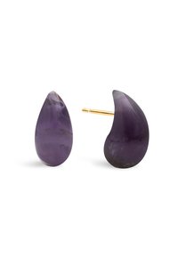 Pendientes de amatista púrpura con forma de lágrima, acabado pulido y herrajes dorados. Destacan por su textura suave y variación de color rica.