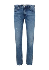 Blugi din denim albastru cu croi dreapt, având detalii uzate și decolorare. Cinci buzunare și închidere frontală cu nasture.