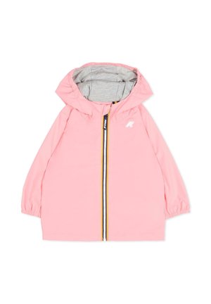 Giacca con cappuccio rosa per bambini con fodera grigia e cerniera multicolore, polsini elasticizzati e un piccolo logo bianco sul petto.