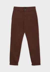 Pantaloni in cotone marrone con design a gamba dritta, dotati di chiusura con bottone, due tasche laterali e orli arrotolati.