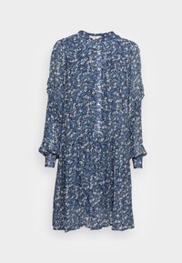 Blaues Kleid mit floralem Muster aus leichtem Stoff, mit einem kragenförmigen Ausschnitt, Knopfleiste, langen Ärmeln und geraffter Taille f�ür eine fließende Silhouette.