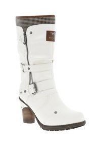 Bottine blanche en matériau synthétique avec un haut texturé brun, fermeture zippée sur le côté et sangles ajustables. Présente un talon épais et un détail de logo.