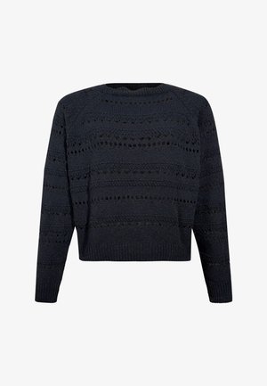 Pull noir en maille avec manches longues, motifs horizontaux en ajouré et bords-côtes aux poignets et à l'ourlet, col rond.