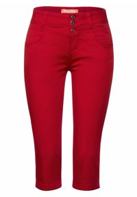 Pantalones cortos rojos con un diseño ajustado, fabricados en tejido elástico. Presenta dos bolsillos frontales y tres cierres de botón en la cintura.
