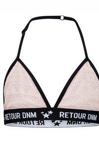Driekhoekvormige bralette in lichtroze haakwerkstof met zwarte afwerking en verstelbare bandjes. Bevat een zwarte elastische band met witte tekst.