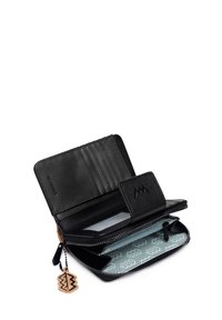 Black leather wallet featuring multiple card slots, a zippered compartment, and a clear ID window; includes a decorative wooden charm.
