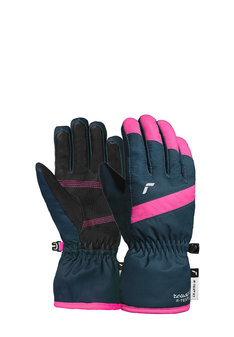 Ett par vinterhandskar i marinblått och rosa med strukturerade svarta handflator och elastiska handledar. Visade fram- och baksidan.