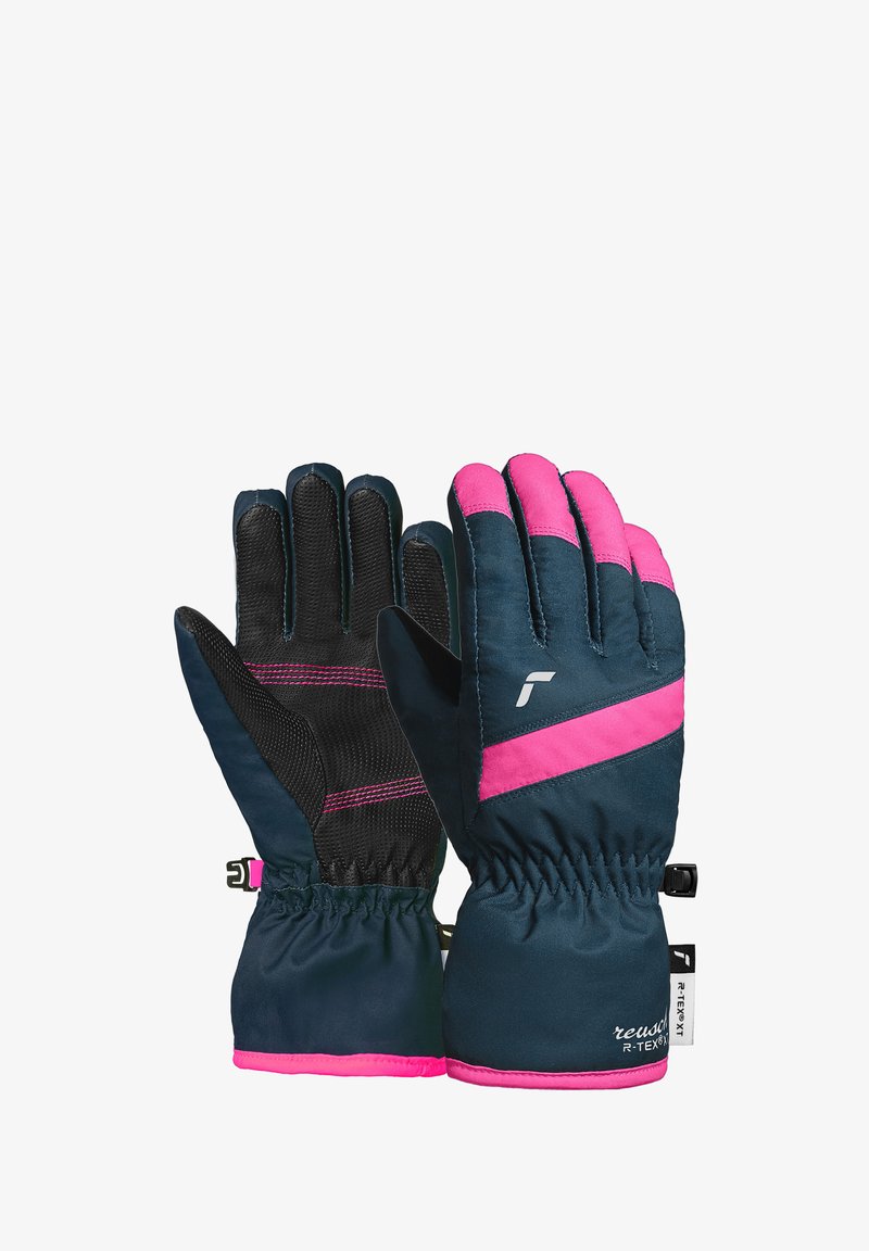 Une paire de gants d'hiver bleu marine et rose avec des paumes noires texturées et des poignets élastiques, présentée de face et de dos.
