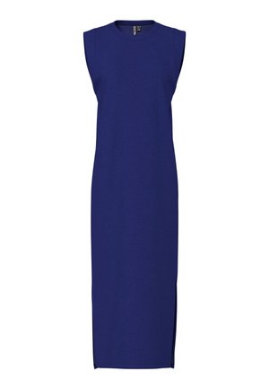 Vestido largo sin mangas de color azul marino con escote redondo y una pequeña abertura lateral en el dobladillo, mostrado sobre un fondo blanco.