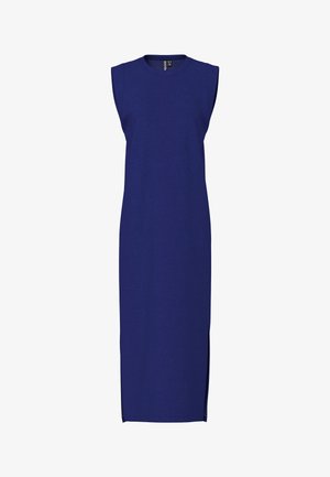 Vestido largo sin mangas de color azul marino con escote redondo y una pequeña abertura lateral en el dobladillo, mostrado sobre un fondo blanco.