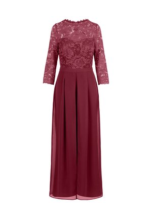 Bordeaux jumpsuit met een kant bodice met bloempatronen, driekwart lange kanten mouwen en een geplooide rok met een vloeiende uitstraling.