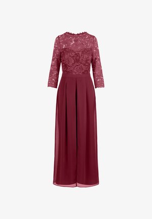 Bordeaux jumpsuit met een kant bodice met bloempatronen, driekwart lange kanten mouwen en een geplooide rok met een vloeiende uitstraling.