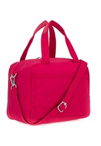 Roze stoffen tas met een rechthoekige vorm, dubbele bovenhandvatten, een afneembare schouderriem en een voorkantvak met een rits.