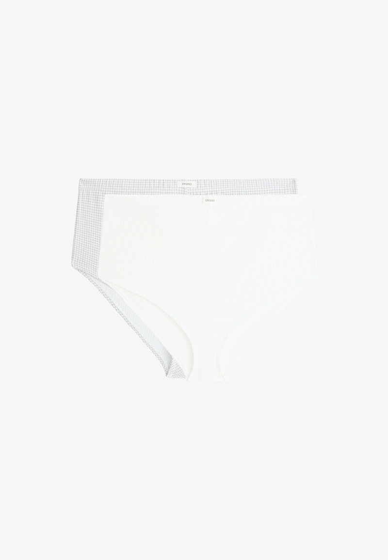 Deux paires de sous-vêtements pour femmes à taille haute, une blanche unie et une gris clair avec un petit motif à carreaux, posées à plat.