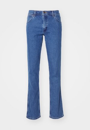 Blå utsvingte jeans i denim, med klassisk fem-lomme-design, beltehemper og glidelås med knappfeste. Teksturert stofffinish.