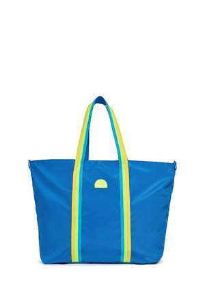 Borsa a tracolla blu realizzata in tessuto resistente, con spallacci a strisce gialle e verdi e una piccola etichetta con logo sulla parte anteriore.