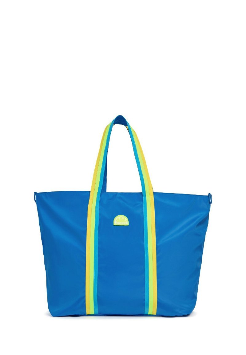Borsa a tracolla blu realizzata in tessuto resistente, con spallacci a strisce gialle e verdi e una piccola etichetta con logo sulla parte anteriore.
