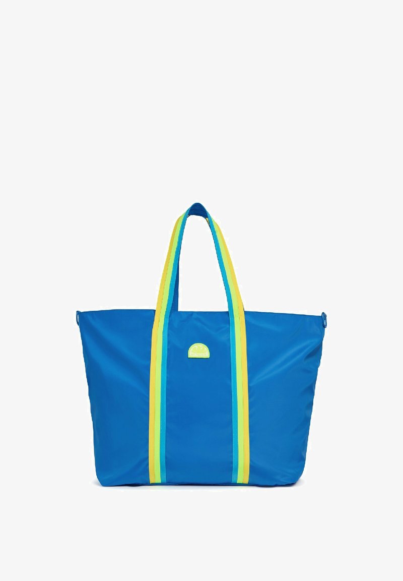 Borsa a tracolla blu realizzata in tessuto resistente, con spallacci a strisce gialle e verdi e una piccola etichetta con logo sulla parte anteriore.