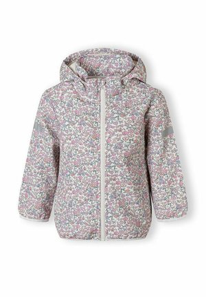 Veste à capuche pour enfant avec fond blanc et petit motif floral multicolore, fermeture éclair complète à l'avant et bandes réfléchissantes sur les manches.