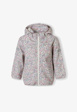 Child's hooded jacket with white background and multicolored small floral pattern, full front zipper, and reflective stripes on sleeves.