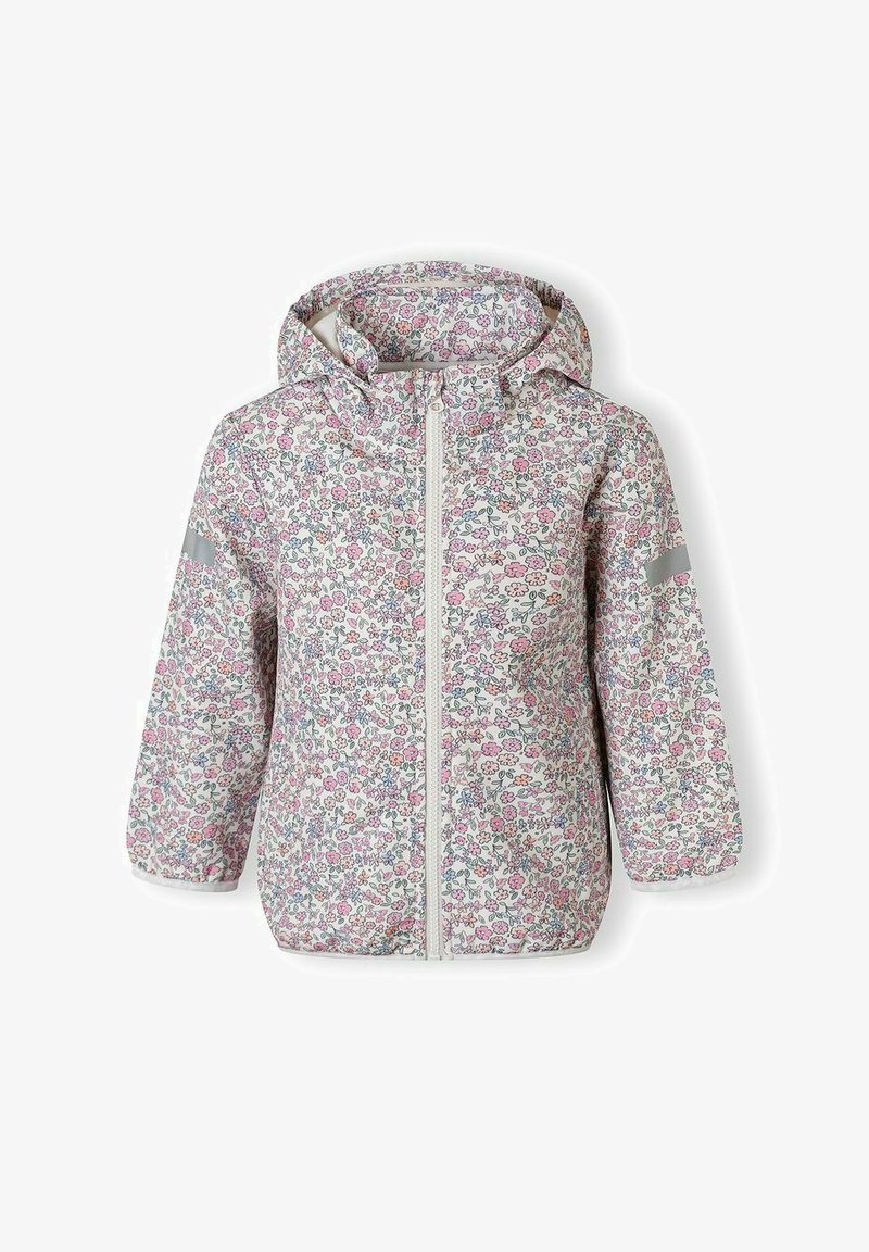 Veste à capuche pour enfant avec fond blanc et petit motif floral multicolore, fermeture éclair complète à l'avant et bandes réfléchissantes sur les manches.
