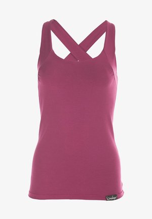 Violet bešvarkis marškinėliai be rankovių su kryžminiu nugara, pagaminti iš minkštos medžiagos, su prigludusia forma ir subtiliu šoniniu raukinimu.