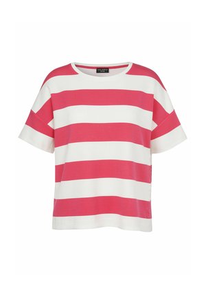 Kortemouws shirt met brede horizontale roze en witte strepen, ronde hals en losse pasvorm.