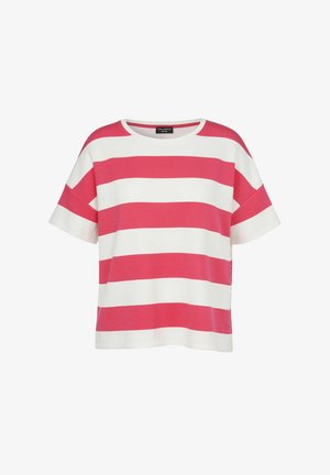 Kortemouws shirt met brede horizontale roze en witte strepen, ronde hals en losse pasvorm.